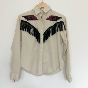 Vintage Western Collection Made USA Cream Button Down w Black Leather Fringe  S
